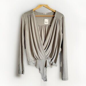 Free People Women’s Medium Turnt Slinky Satin Gray Bodysuit Deep Plunge Festival